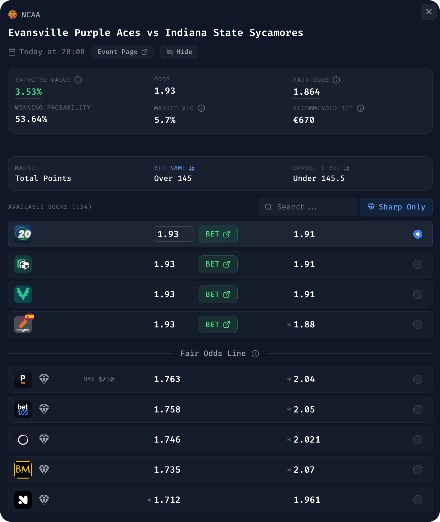 Bet Hero value bet detail showing odds comparison across sportsbooks